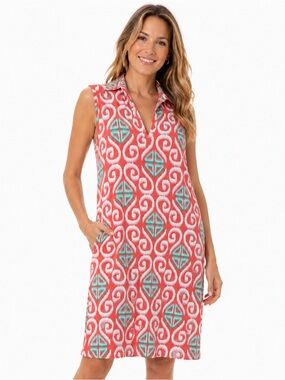 Tracy Negoshian XL Shift Dress Coral Turquoise Ikat Print Sleeveless V-Neck